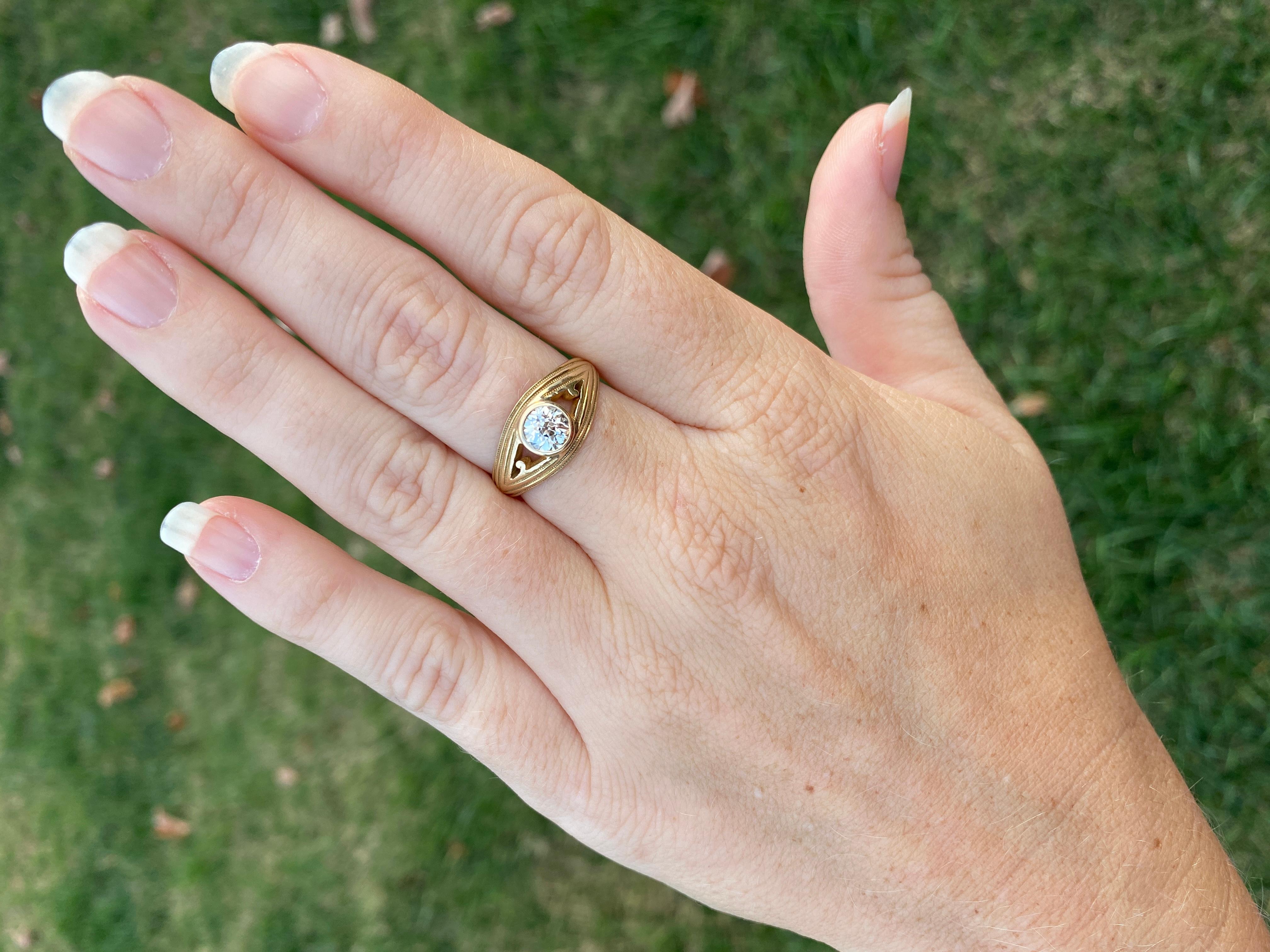 Bague de fiançailles en or jaune 14KT, diamant taille européenne, bague en vente 1