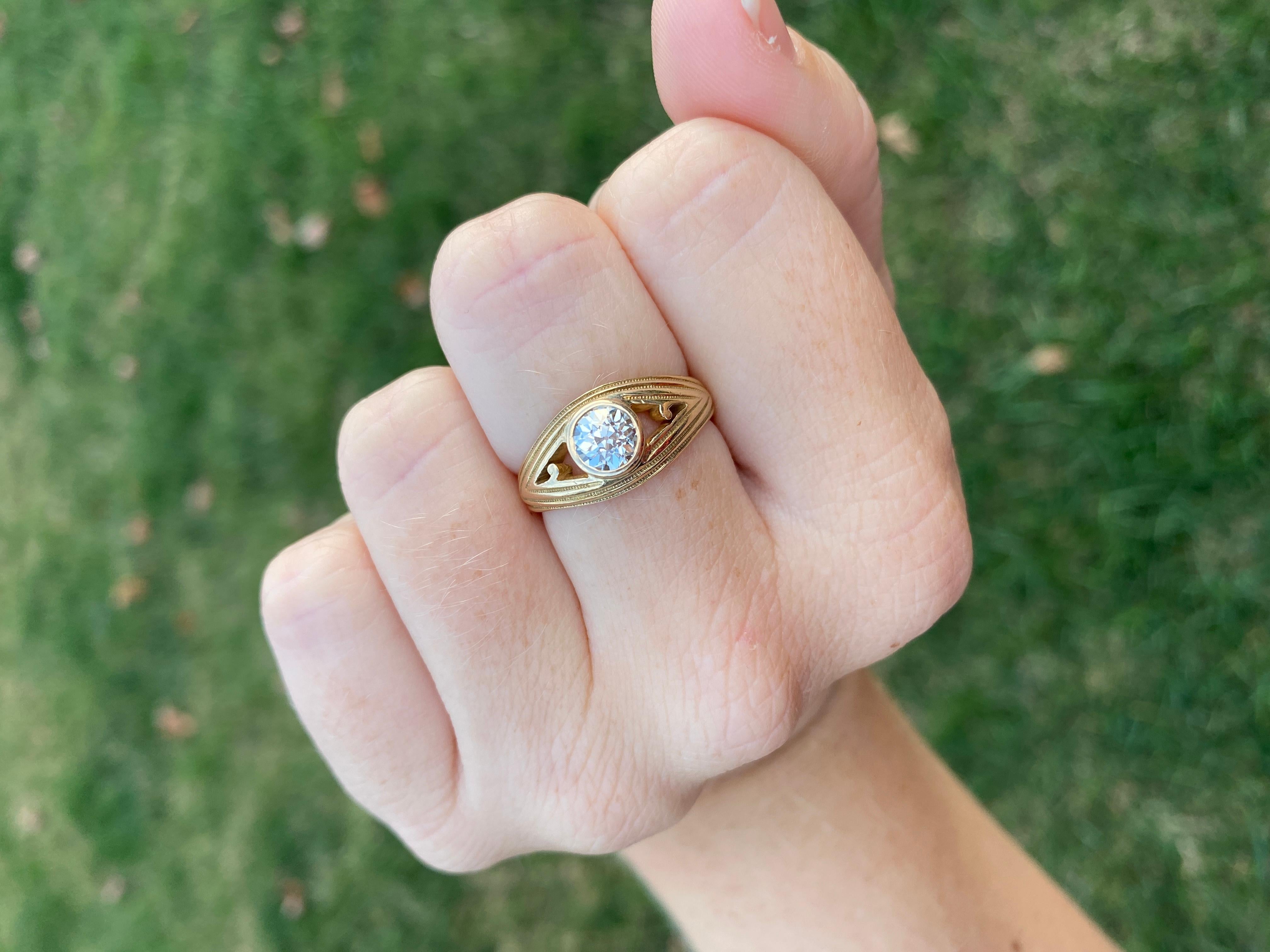 Bague de fiançailles en or jaune 14KT, diamant taille européenne, bague en vente 2