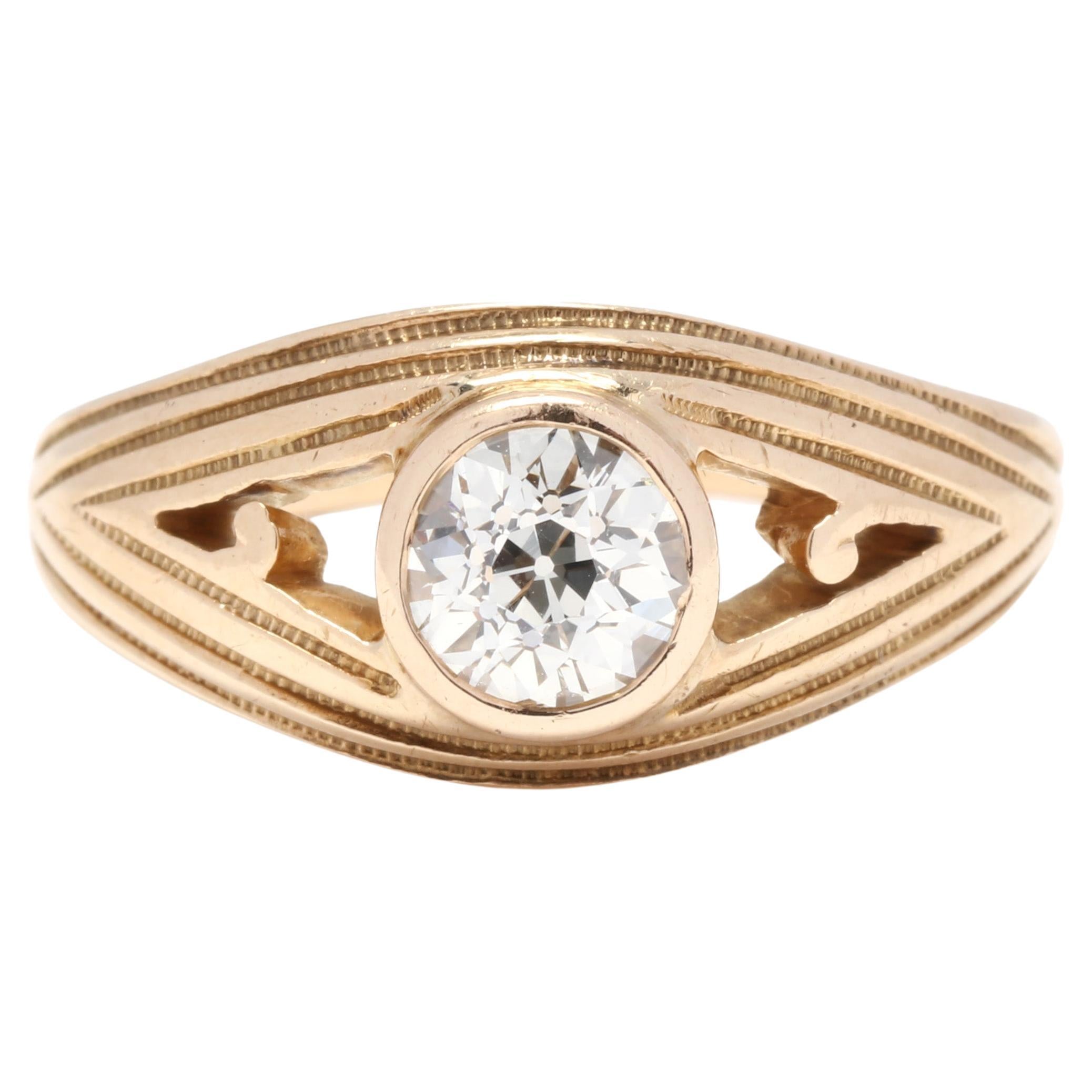 Bague de fiançailles en or jaune 14KT, diamant taille européenne, bague