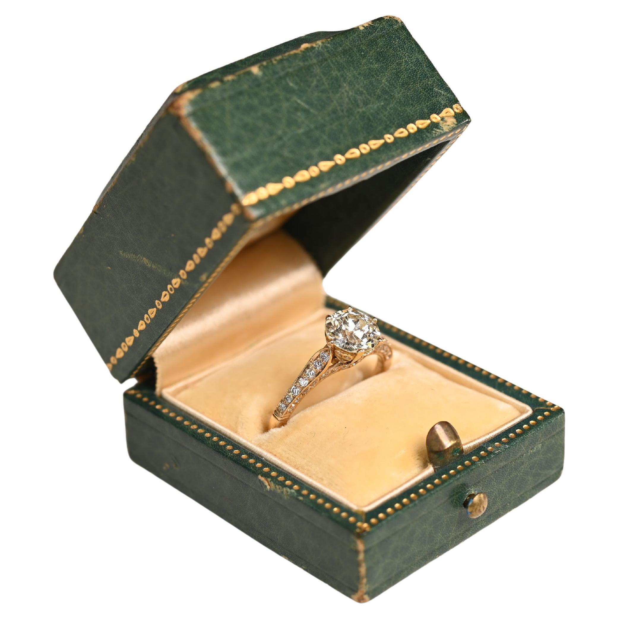 Anello di fidanzamento con diamante vecchio taglio europeo (circa 1,40 carati), oro giallo 18 carati