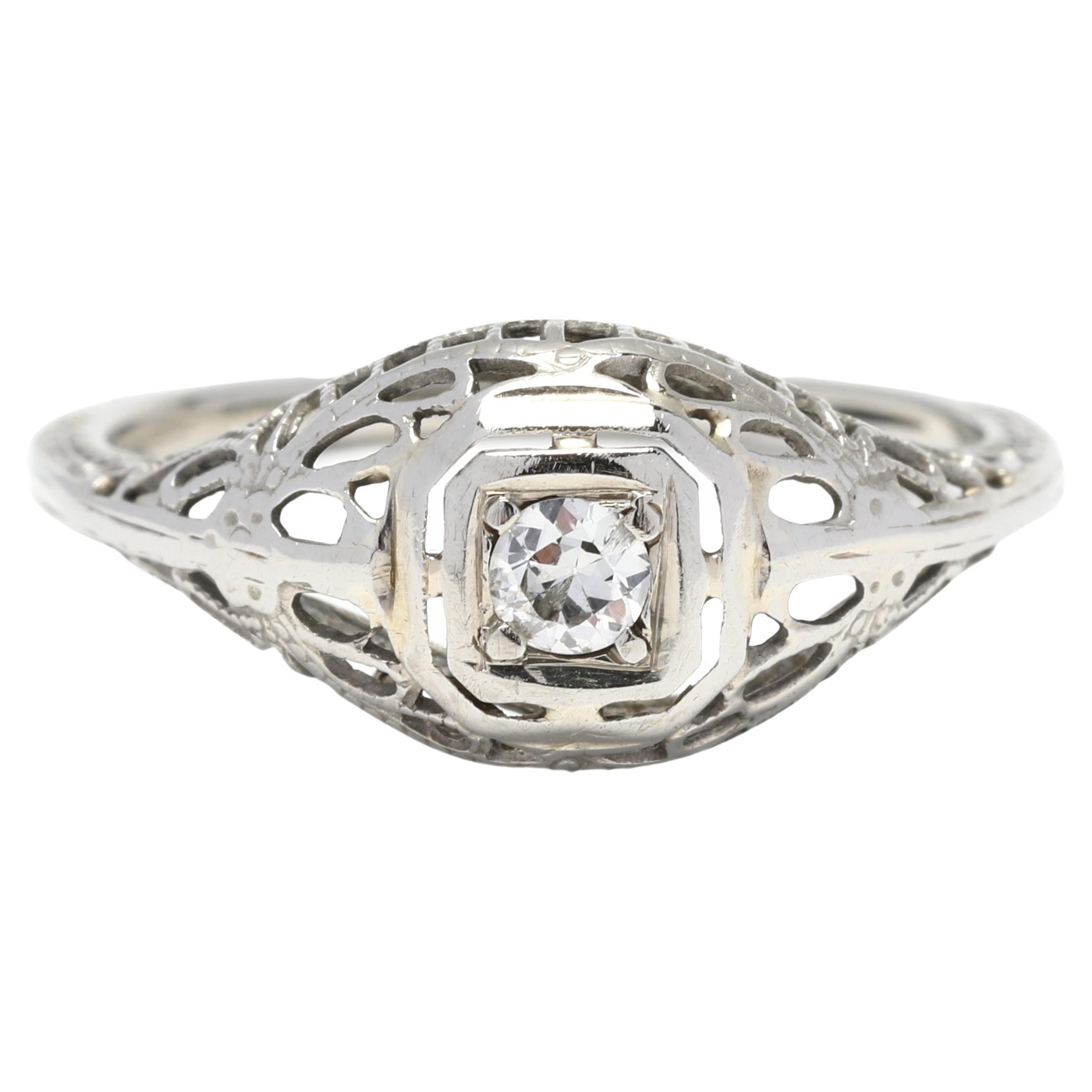 Old European Cut Diamond Filigree Engagement Ring, 18K White Gold, Ring RS 5.5