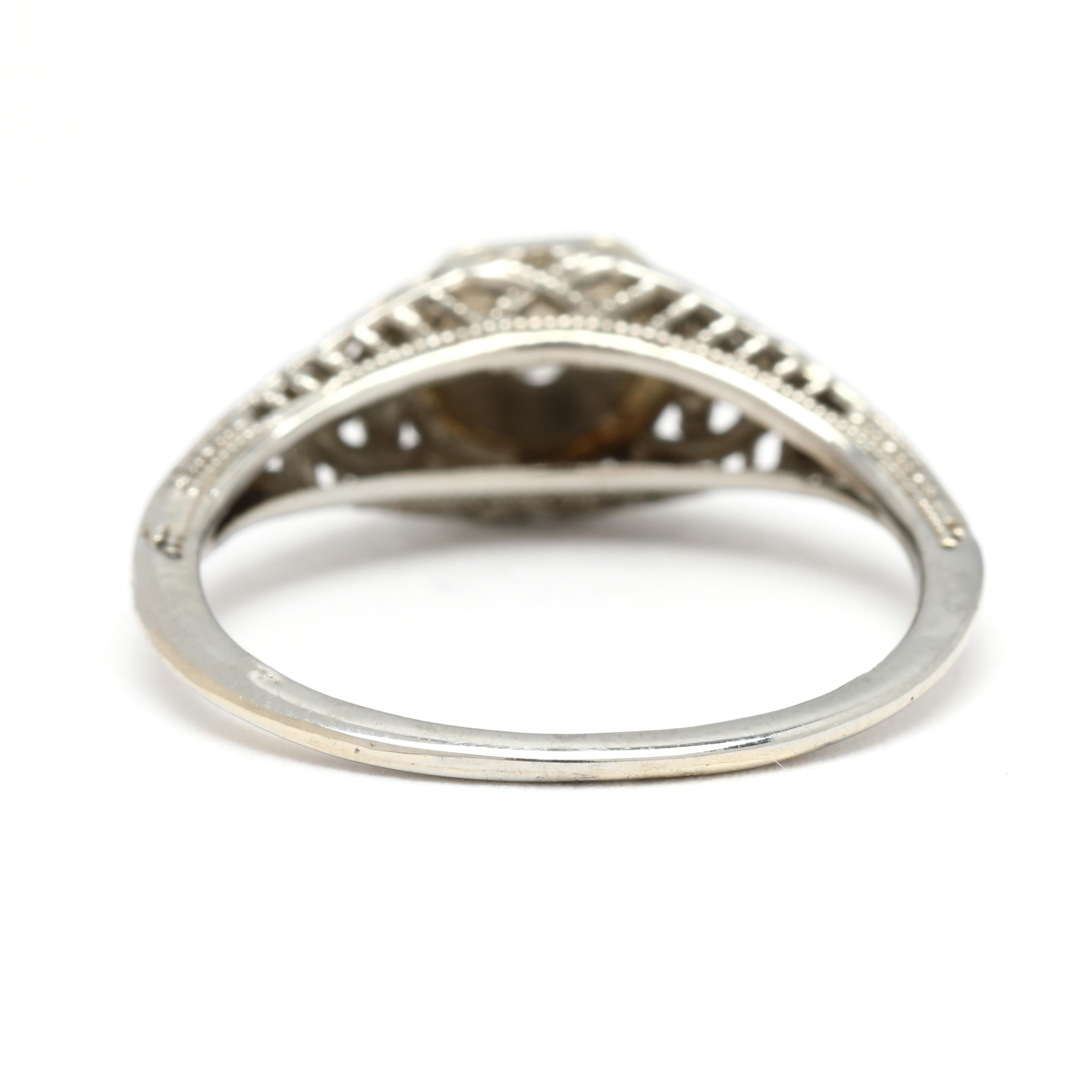 Old European Cut Diamond Filigree Engagement Ring, 18k White Gold, Ring Size 5.5 In Good Condition For Sale In McLeansville, NC