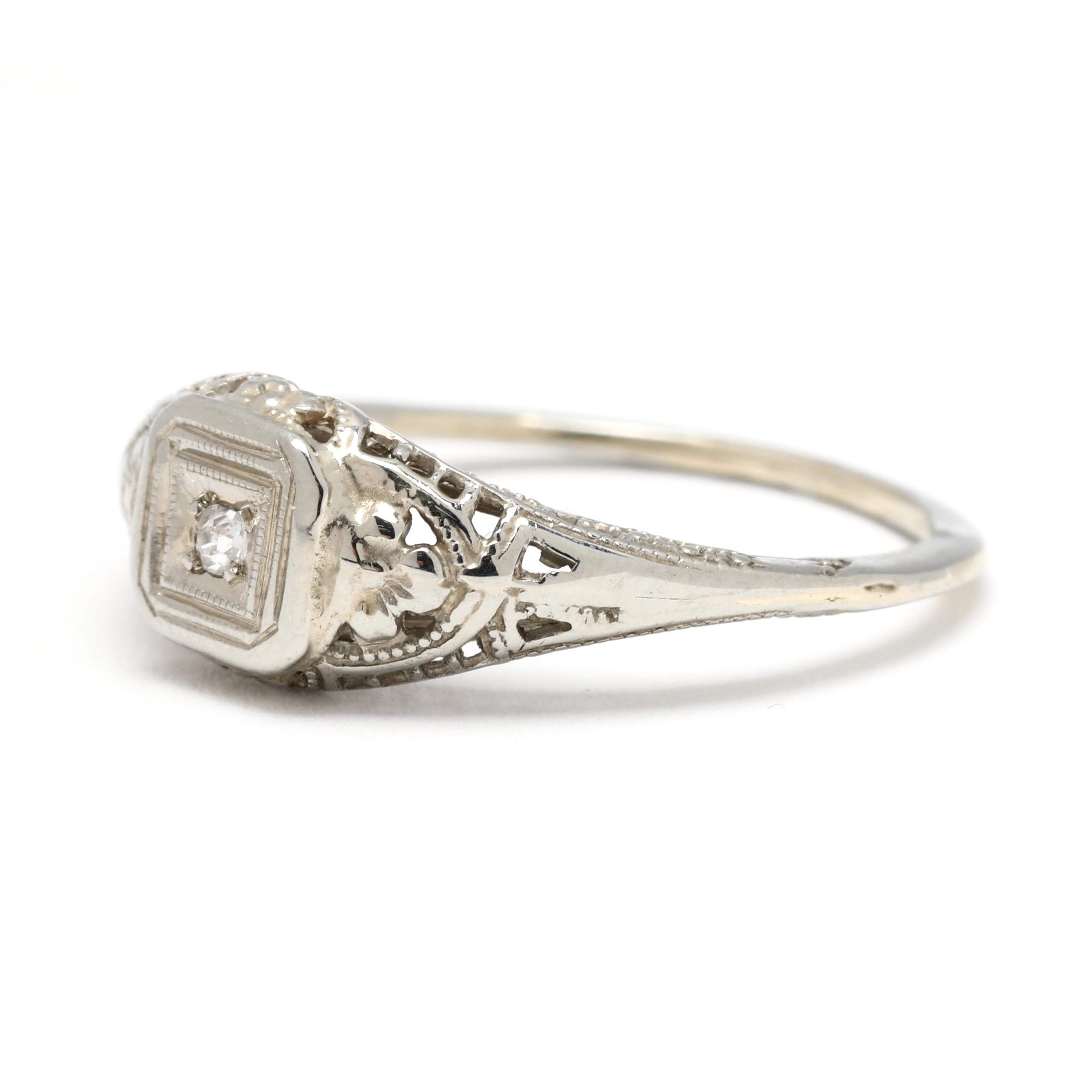 Women's or Men's Old European Cut Diamond Filigree Engagement Ring, 18k White Gold, Ring Size 5.5 For Sale