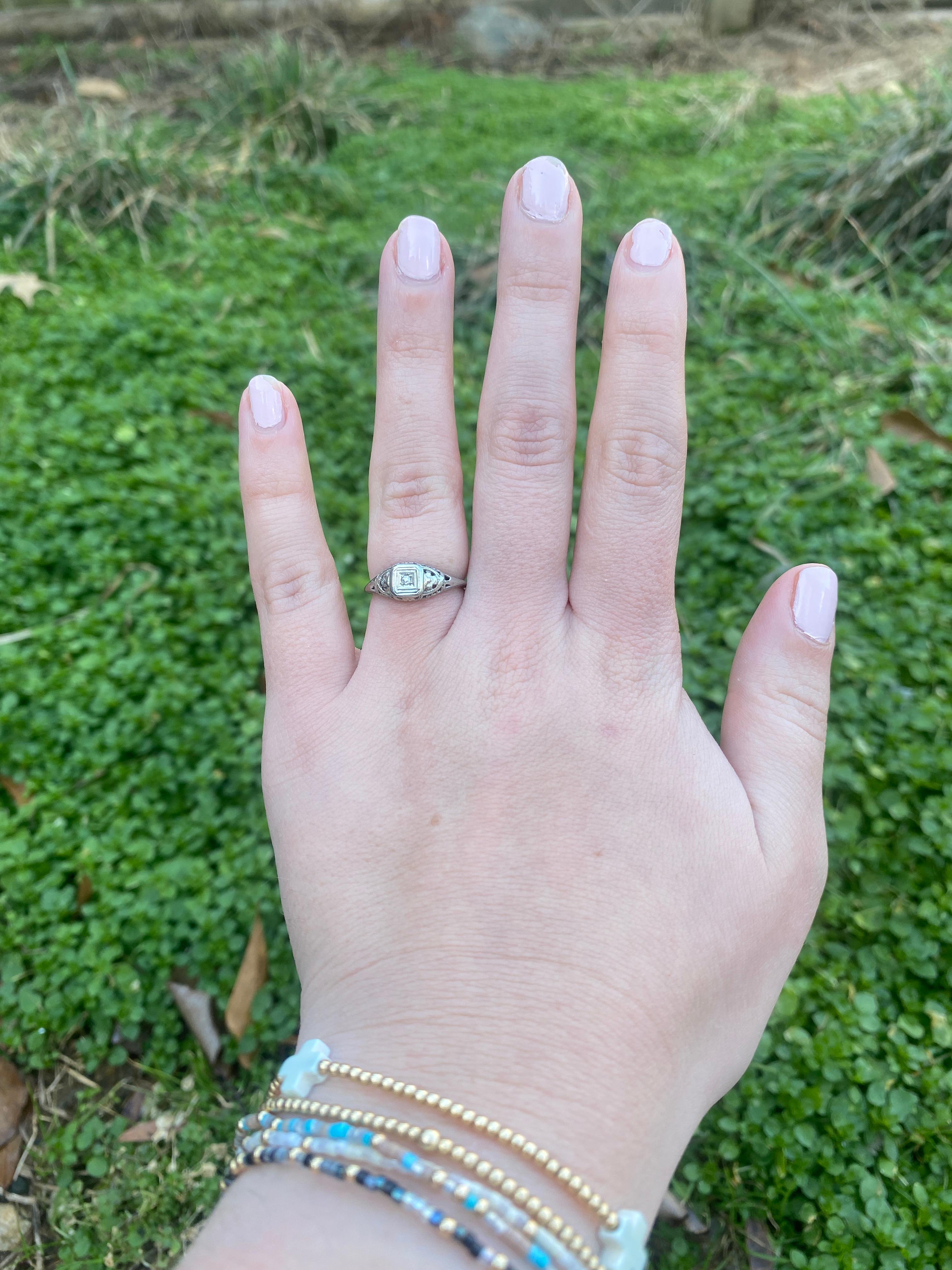 Old European Cut Diamond Filigree Engagement Ring, 18k White Gold, Ring Size 5.5 For Sale 2