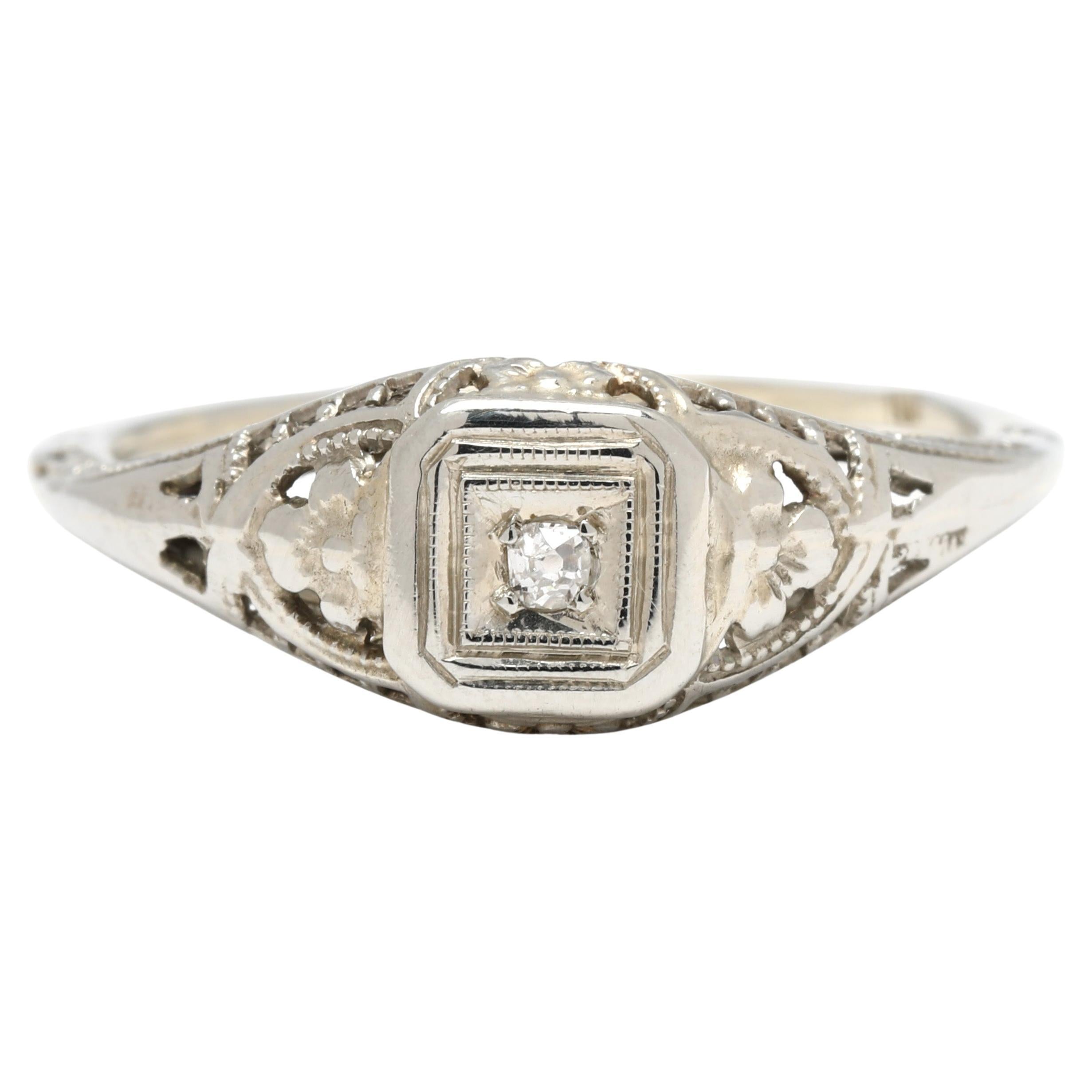 Old European Cut Diamond Filigree Engagement Ring, 18k White Gold, Ring Size 5.5 For Sale