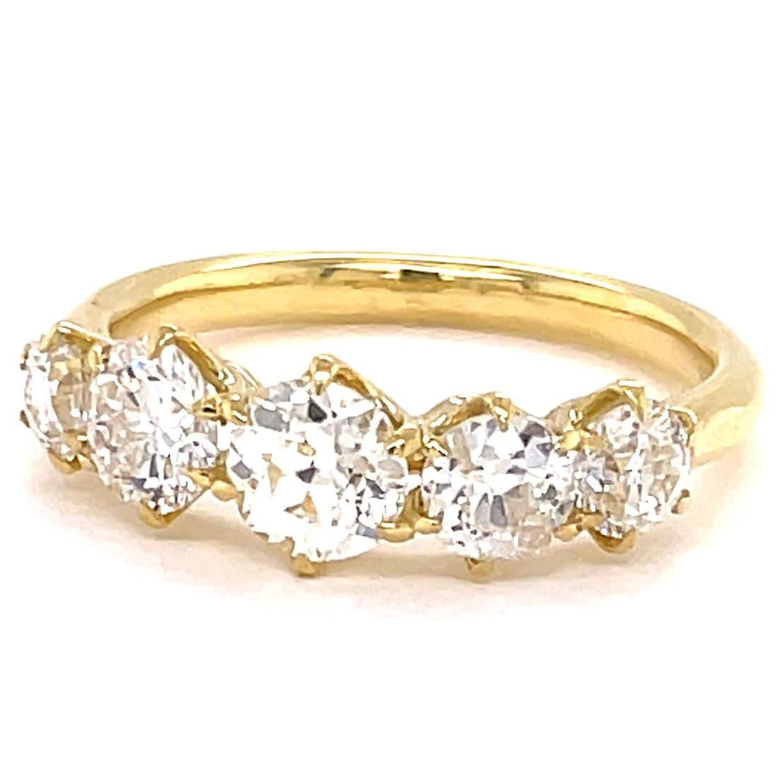 Women's or Men's Old European Cut Diamond Five Stone 18 Karat Gold Ring