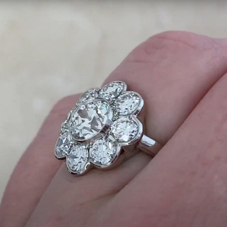 Bague à grappe florale en diamant ancien de taille européenne (GIA environ 1,50 carats), platine Pour femmes en vente
