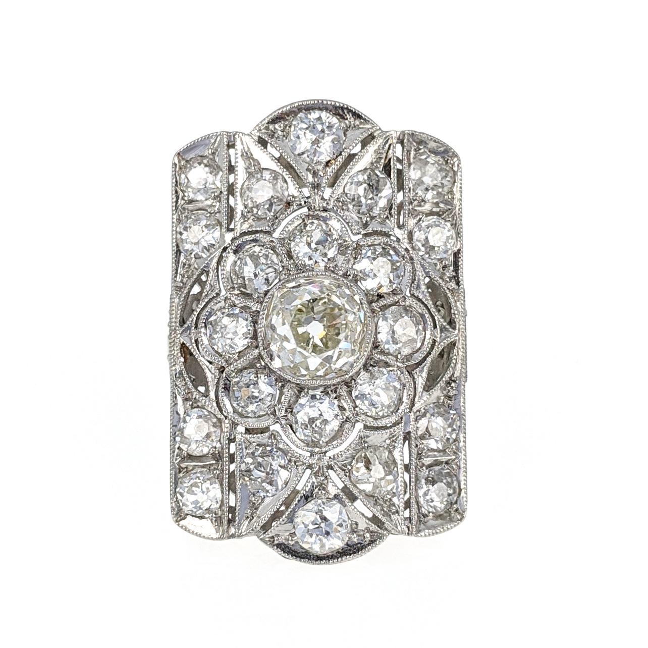 Old European Cut Diamond Floral Platinum Ring In Good Condition In New York, NY