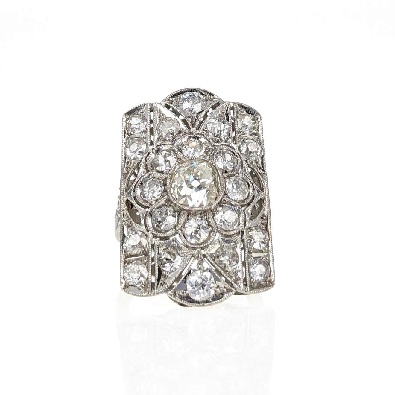Women's or Men's Old European Cut Diamond Floral Platinum Ring