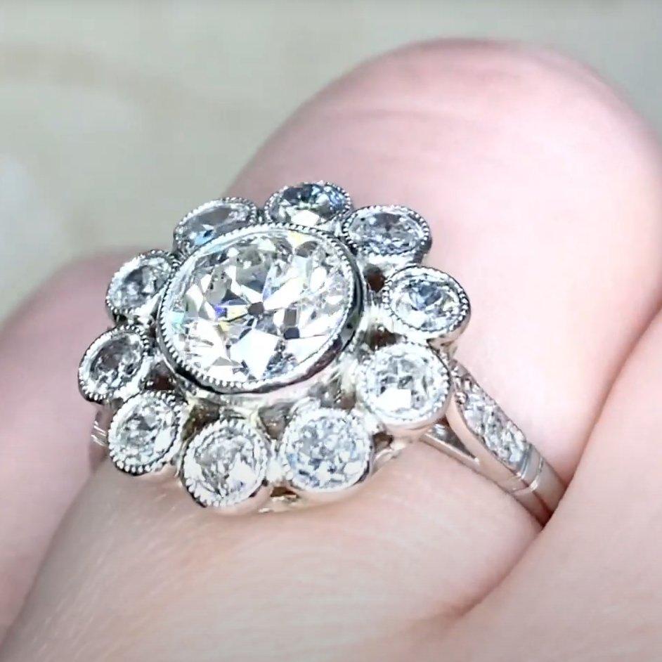 Diamant-Halo-Ring mit alteuropäischem Schliff (ca. 1,10 Karat), I Farbe, Platin Damen im Angebot