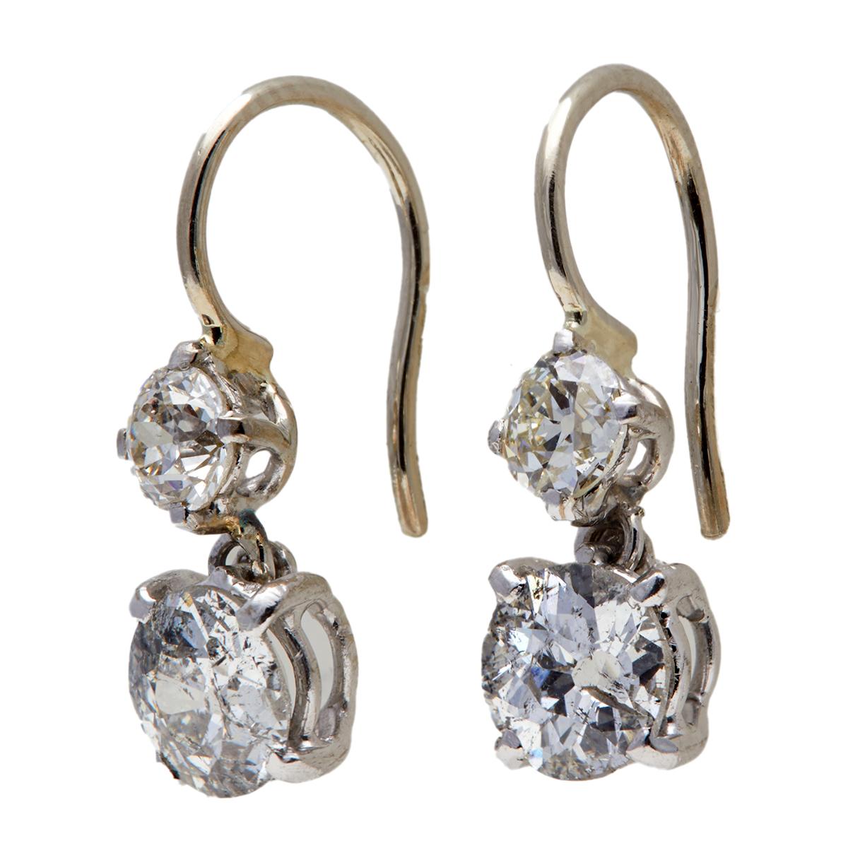 Women's or Men's Old European Cut Diamond Platinum 14k White Gold Drop Earrings