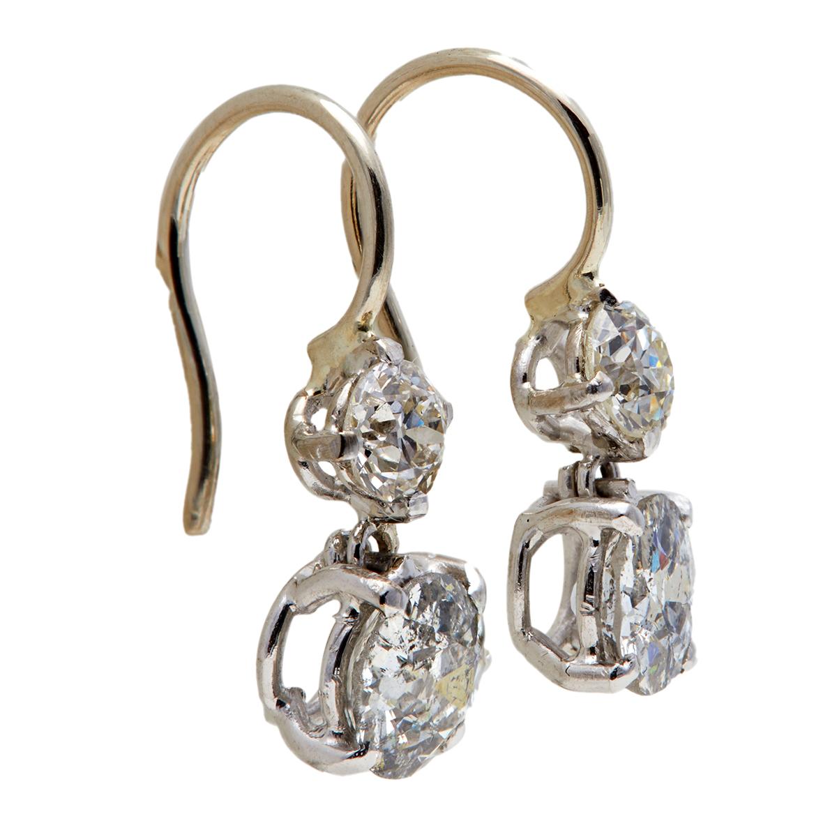 Old European Cut Diamond Platinum 14k White Gold Drop Earrings 1