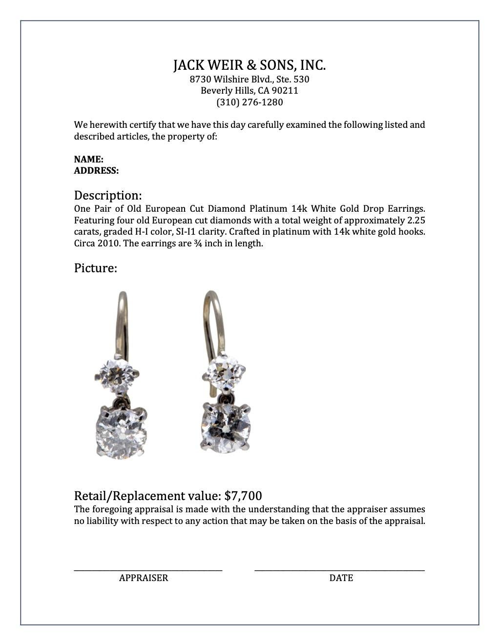 Old European Cut Diamond Platinum 14k White Gold Drop Earrings 2