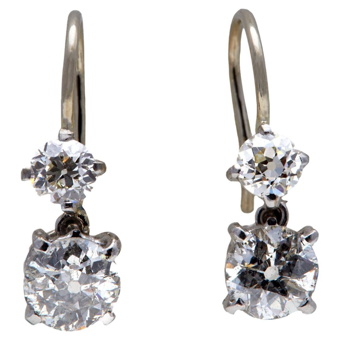 Old European Cut Diamond Platinum 14k White Gold Drop Earrings
