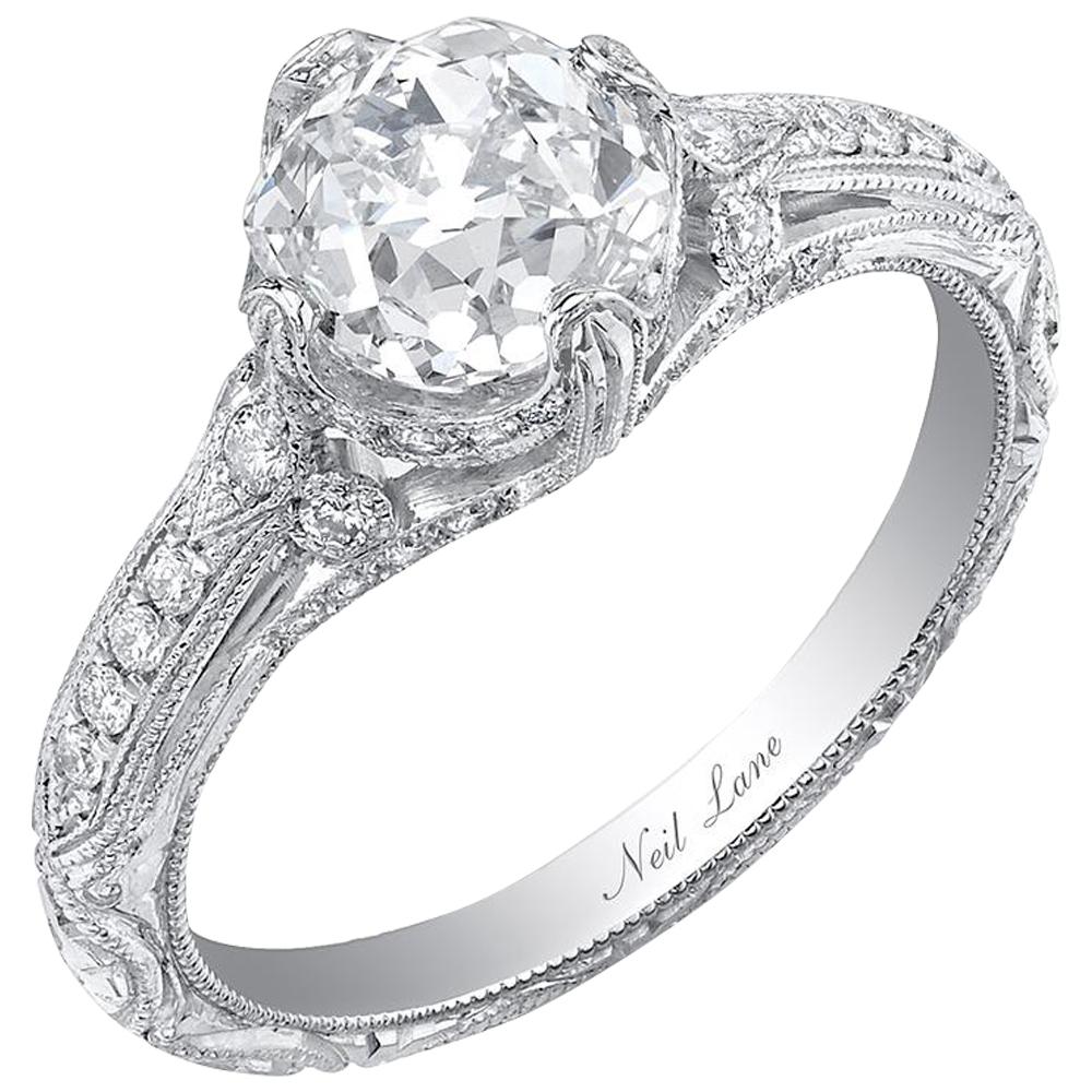 Neil Lane Couture Old European-Cut Diamond, Platinum Engagement Ring For Sale