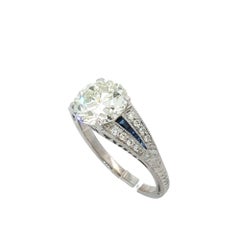 Anello di fidanzamento in platino con diamante vecchio taglio europeo con accenti di zaffiro certificato GIA