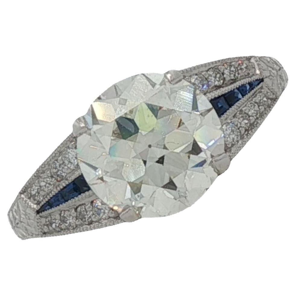Bague de fiançailles en platine avec diamant de taille européenne certifié GIA Accents de saphir en vente