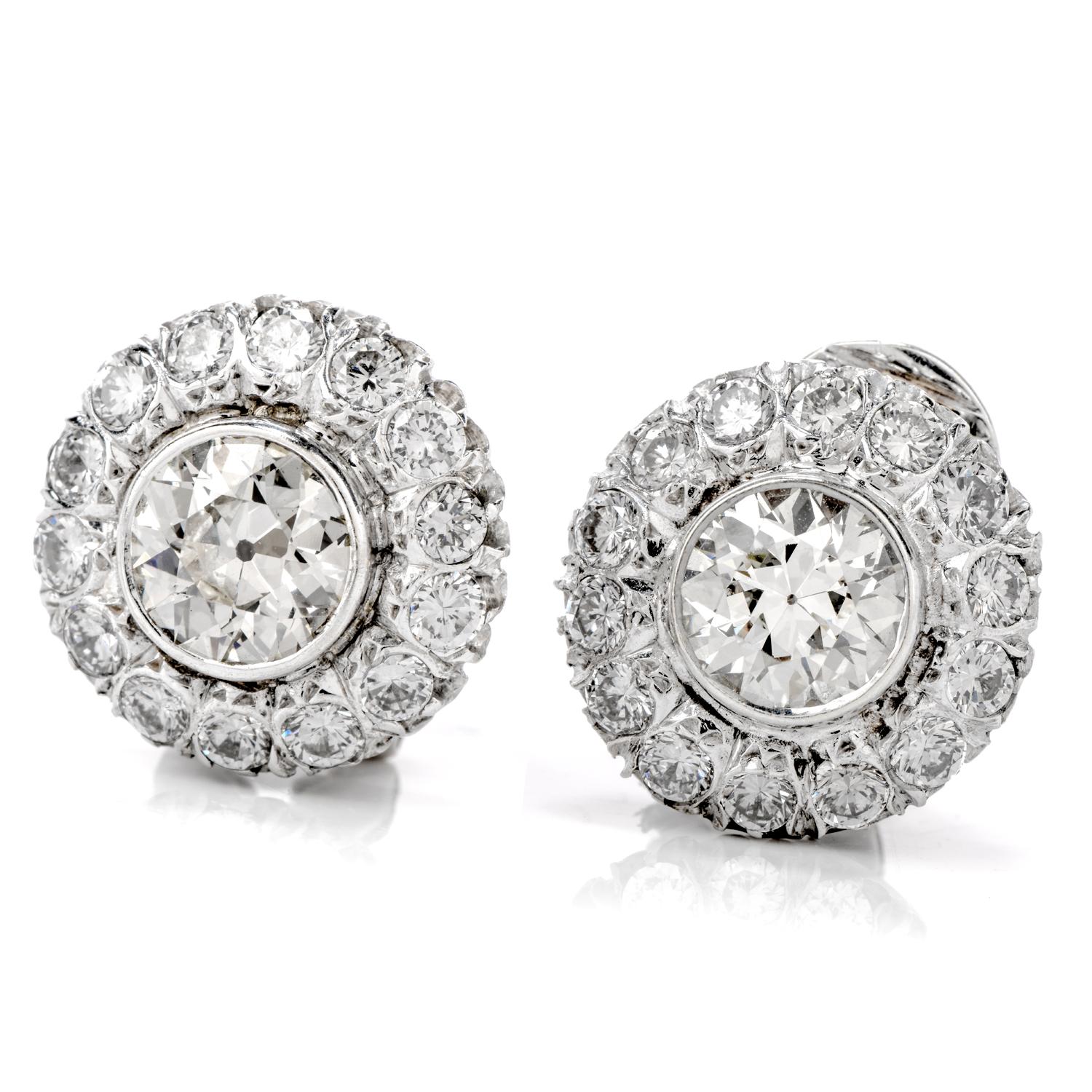 Feel high-class in these sophisticated Estate Diamond Platinum Old European Cut Halo Clip-On Earrings!  These

comfortable clip-on earrings host two impressive old European Cut diamonds of 2.60 total carats, I-J color and VS clarity. 

Twenty-eight