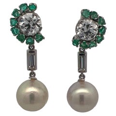 Old European Cut Diamond Platinum South Sea Pearl Emerald Dangle Earrings GIA