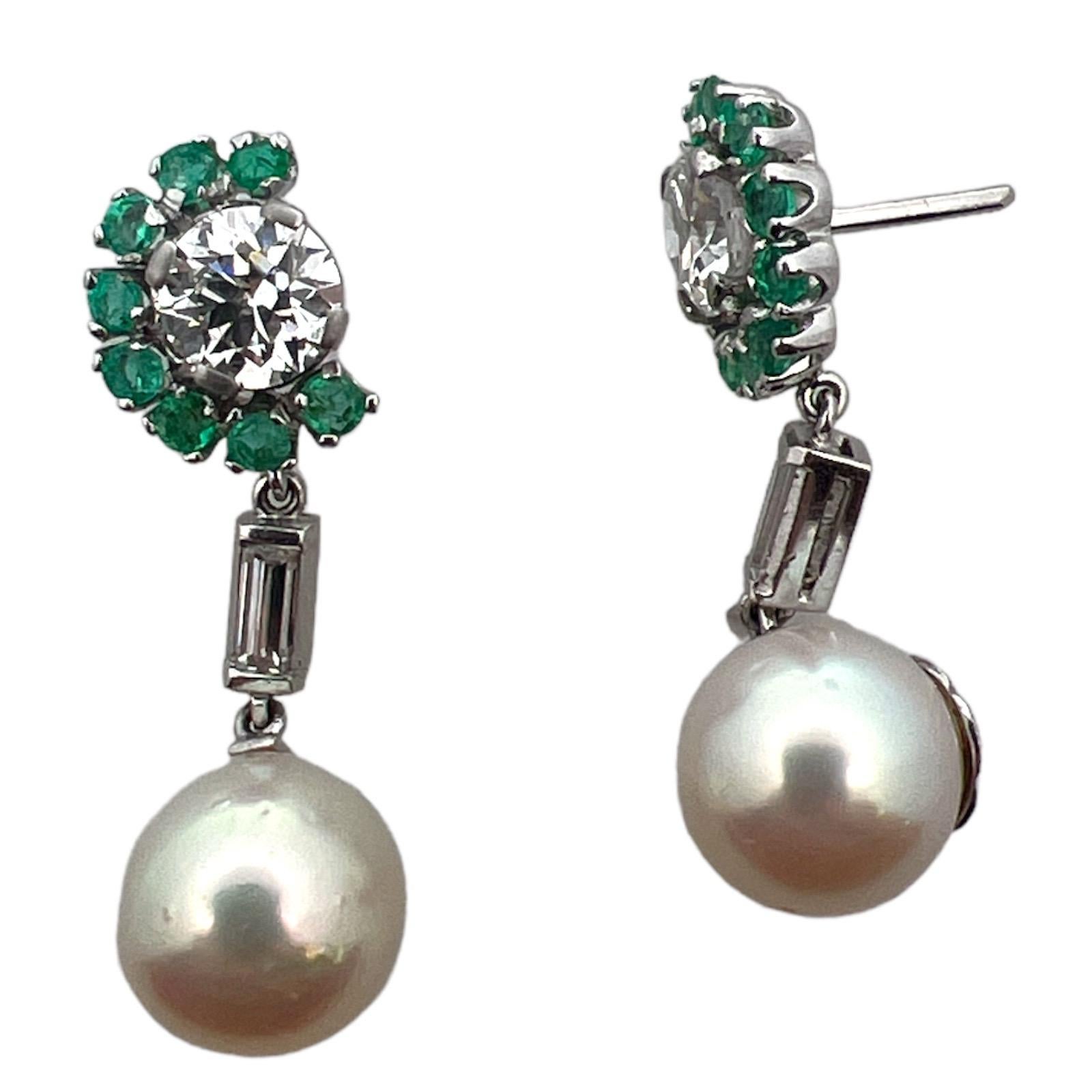 Contemporary Old European Cut Diamond Platinum South Sea Pearl Emerald Dangle Earrings GIA  For Sale