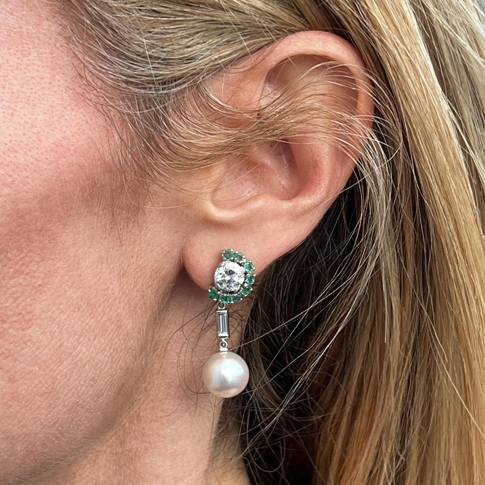 Old European Cut Diamond Platinum South Sea Pearl Emerald Dangle Earrings GIA  In Excellent Condition For Sale In Boca Raton, FL