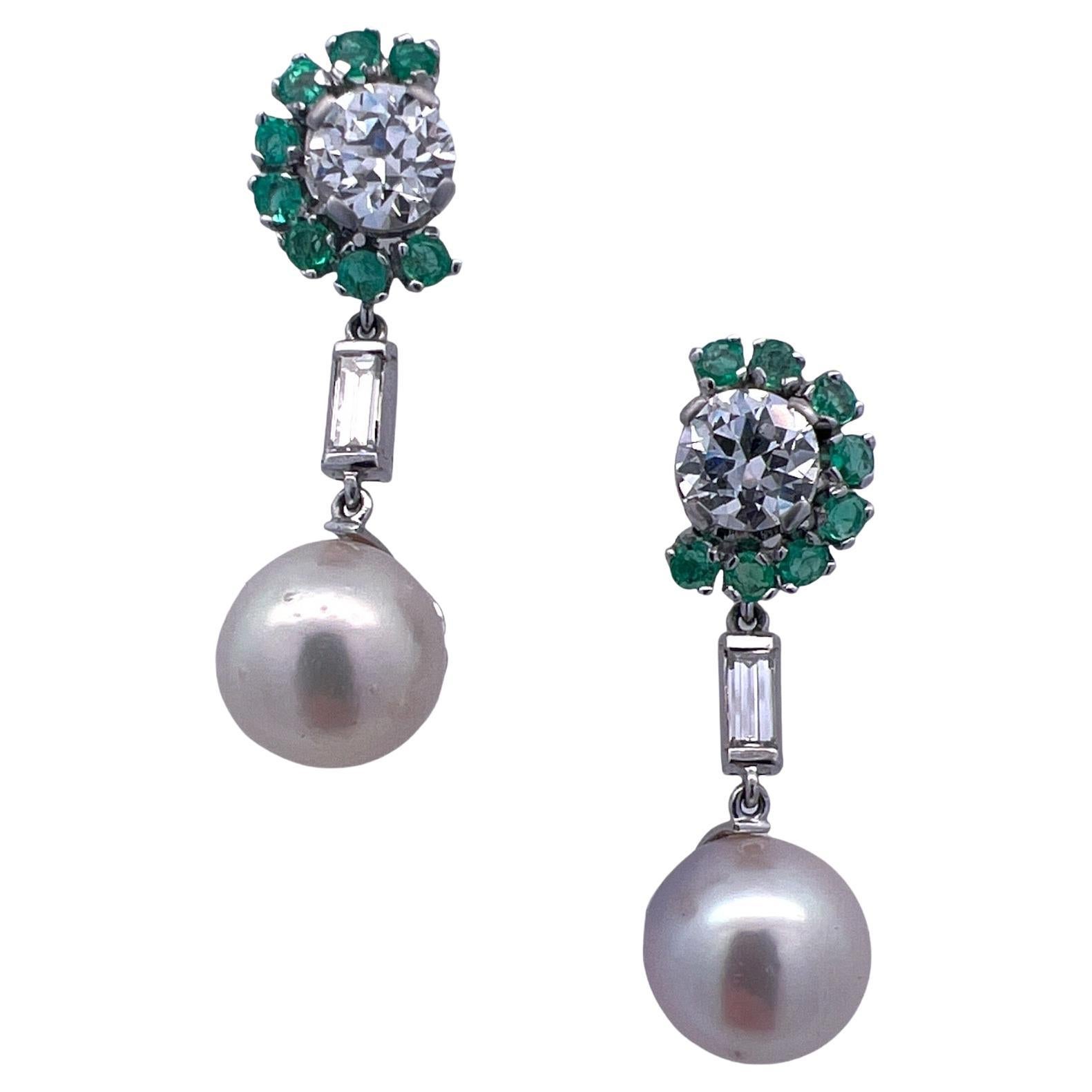 Old European Cut Diamond Platinum South Sea Pearl Emerald Dangle Earrings GIA  For Sale