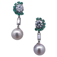 Vintage Old European Cut Diamond Platinum South Sea Pearl Emerald Dangle Earrings GIA 
