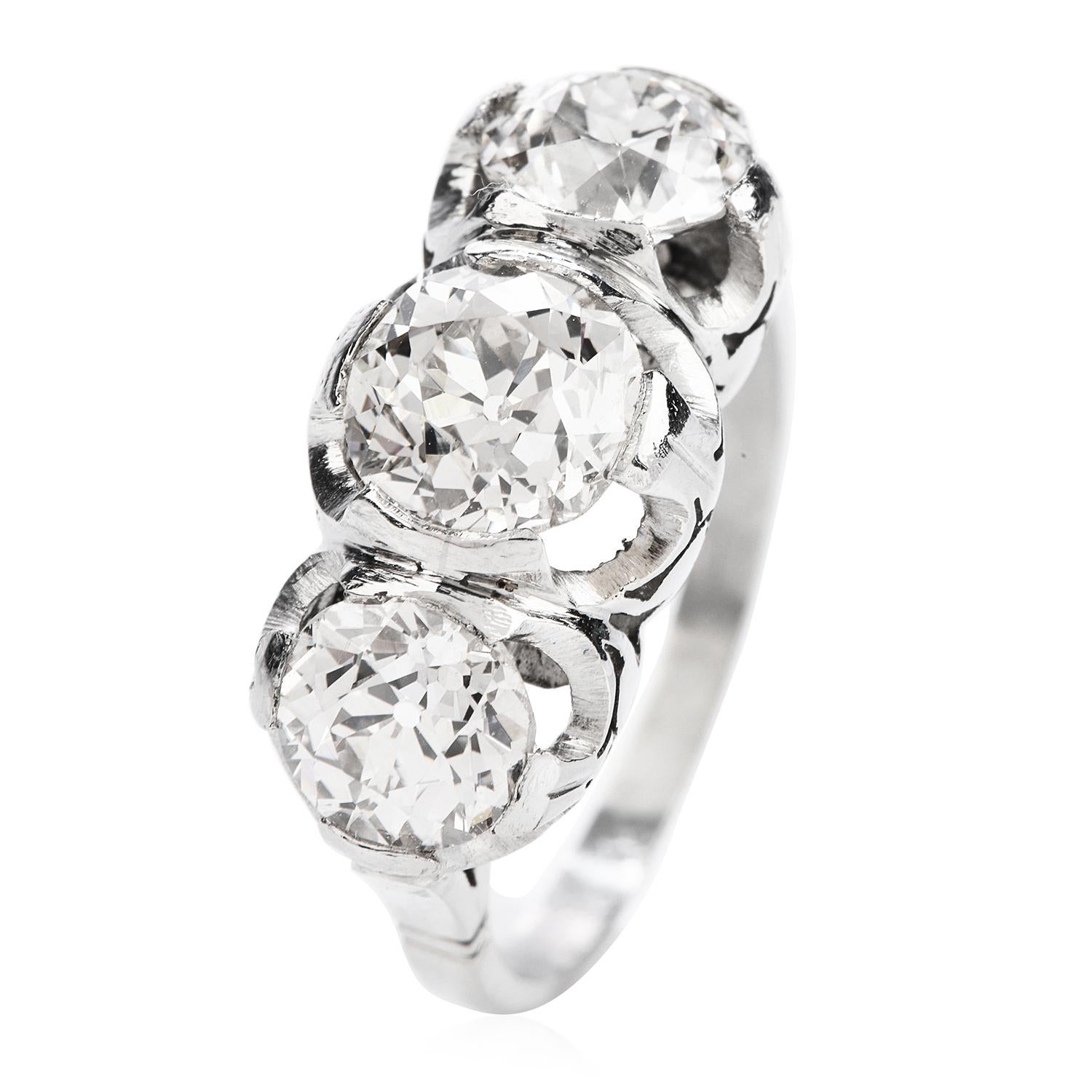 Old European Cut Diamond Platinum Three Stone Ring In Excellent Condition In Miami, FL