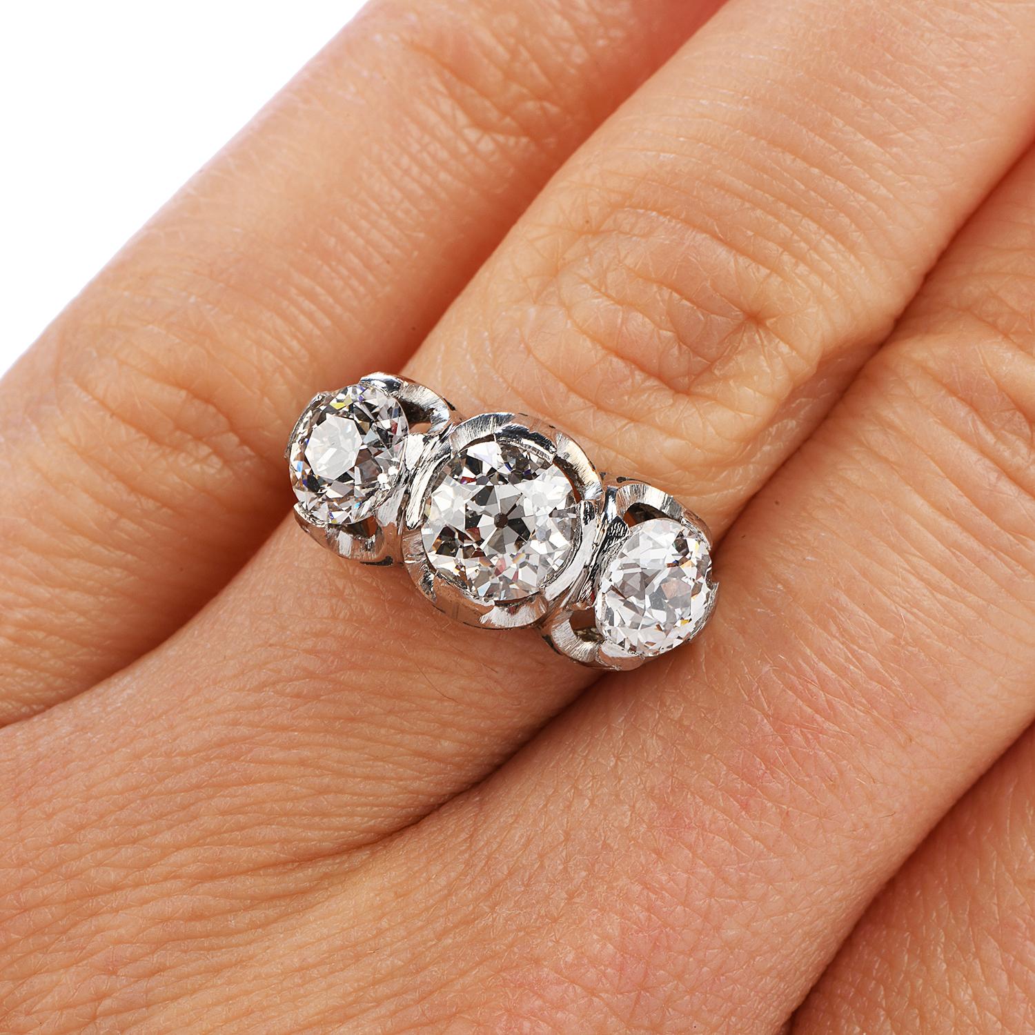 Women's Old European Cut Diamond Platinum Three Stone Ring