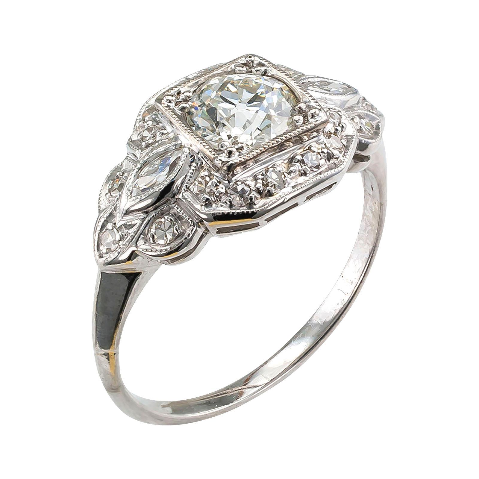 Modern Old European Cut Diamond Platinum White Gold Engagement Ring