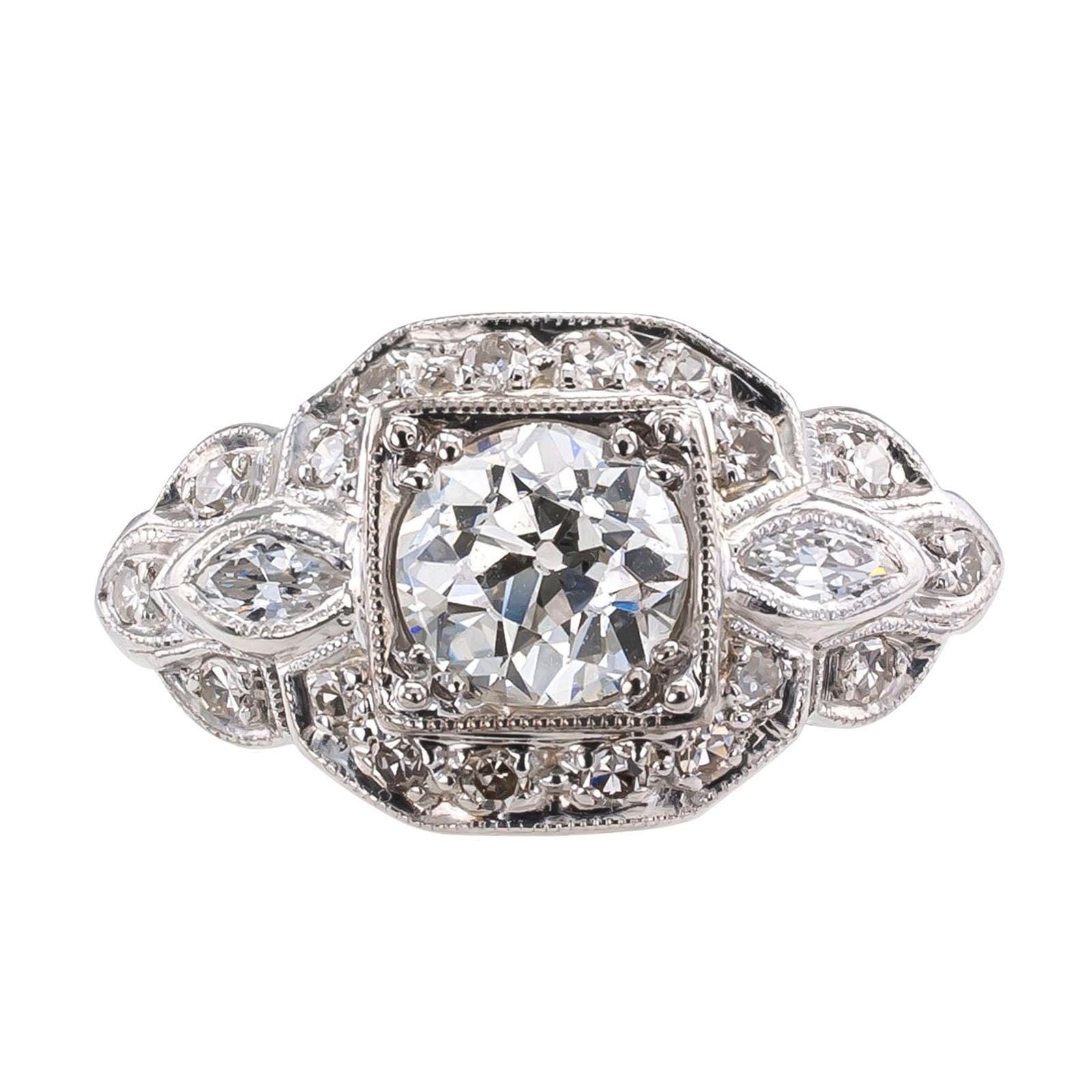 Old European Cut Diamond Platinum White Gold Engagement Ring In Good Condition In Los Angeles, CA