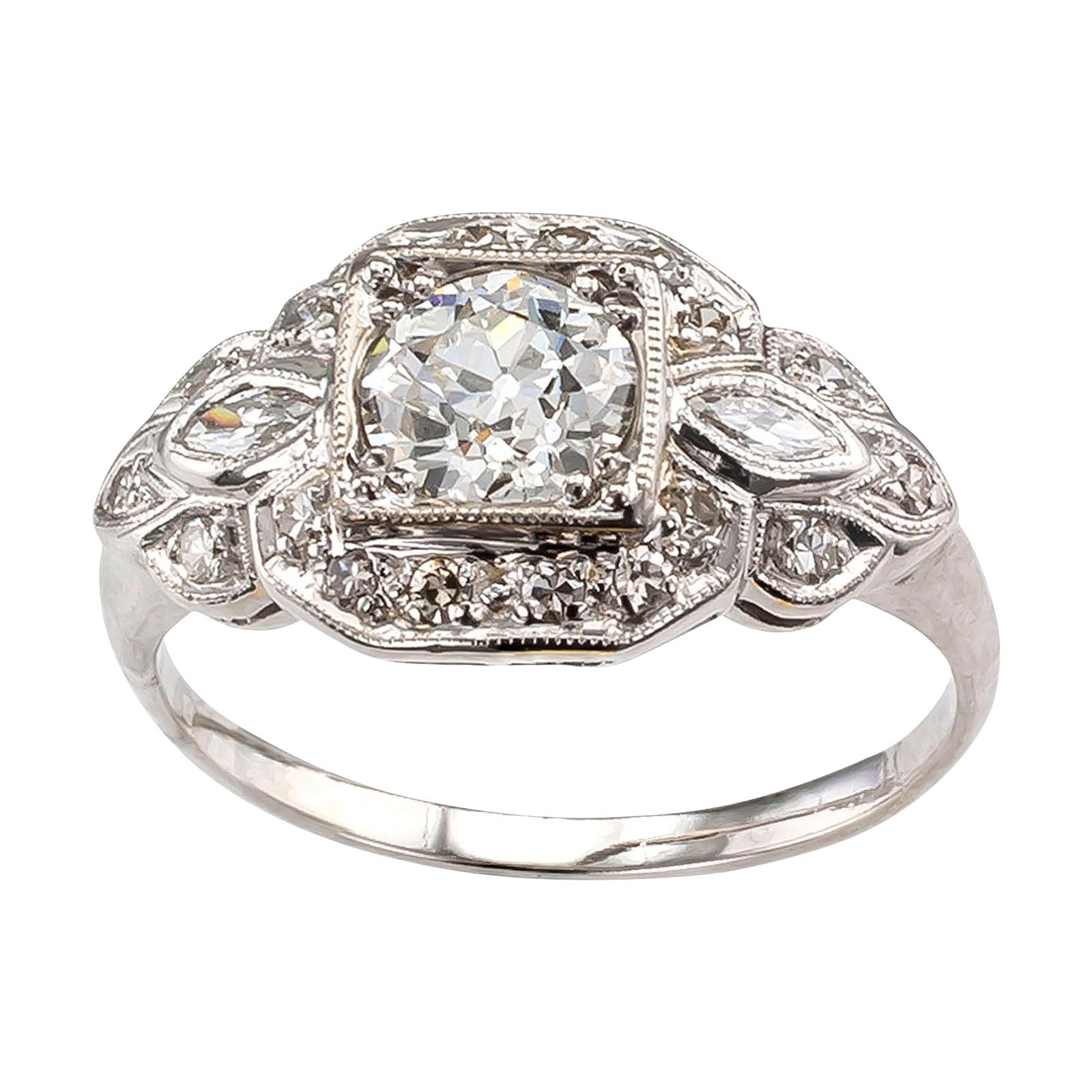 Old European Cut Diamond Platinum White Gold Engagement Ring