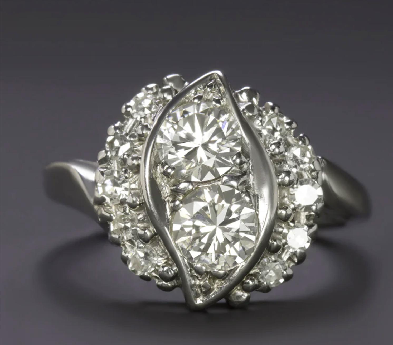 Bague de contournement en or blanc 14 carats avec diamant de taille européenne ancienne Excellent état - En vente à Chicago, IL