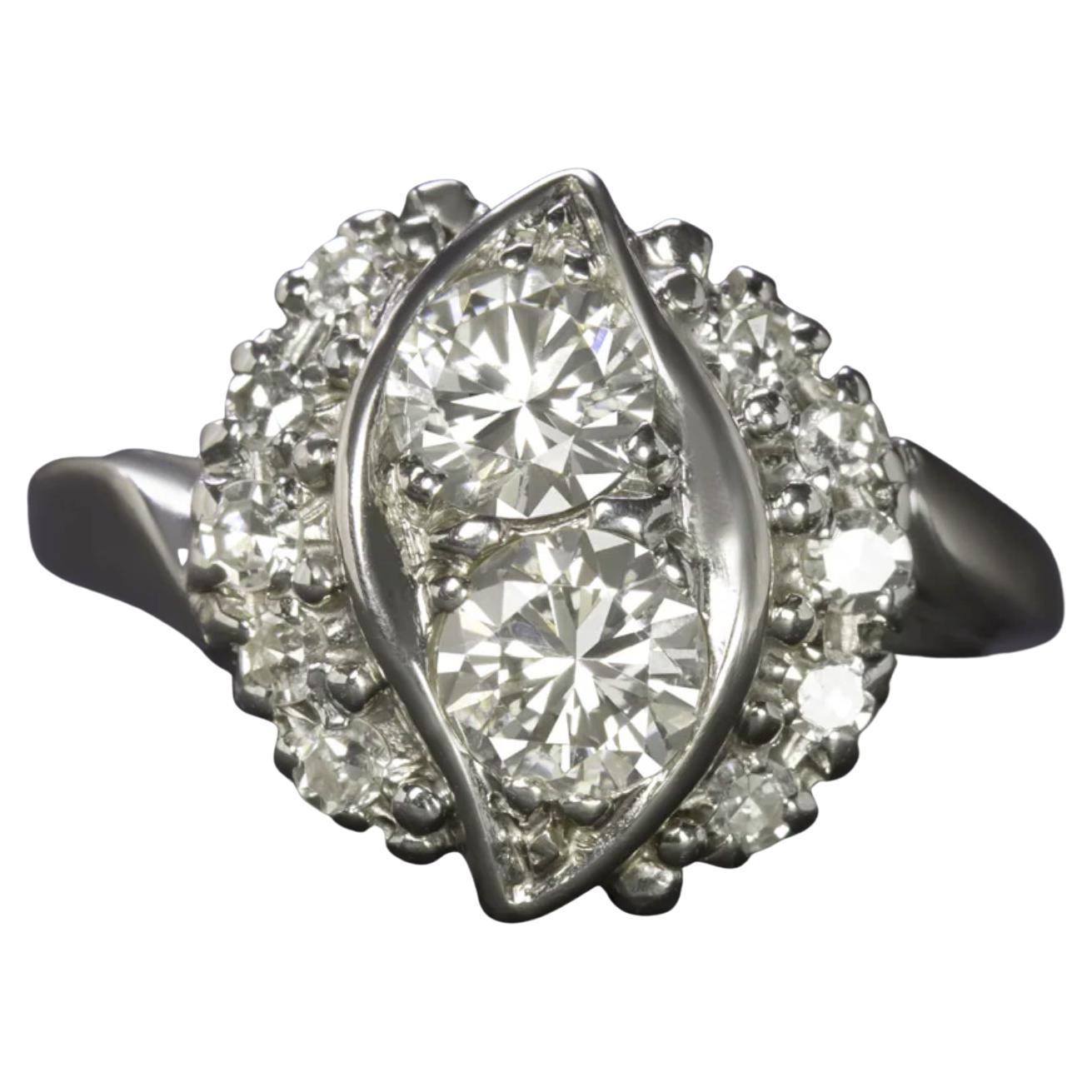 Retro-Bypass-Ring mit europäischem Diamantschliff aus 14 Karat Weißgold