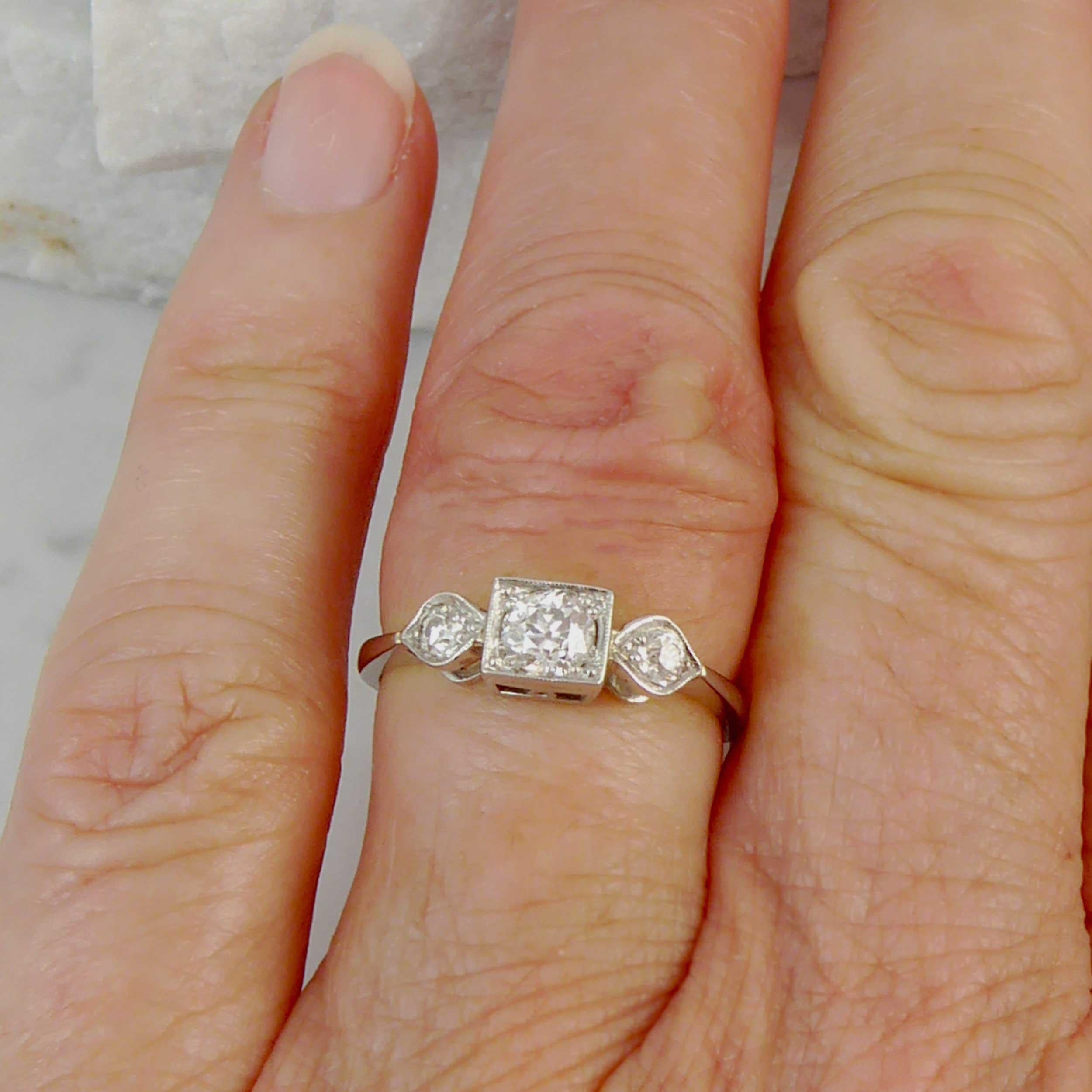 Art Deco Old European Cut Diamond Ring, 0.50 Carat Three-Stone Design, Platinum