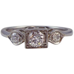 Old European Cut Diamond Ring, 0.50 Carat Three-Stone Design, Platinum