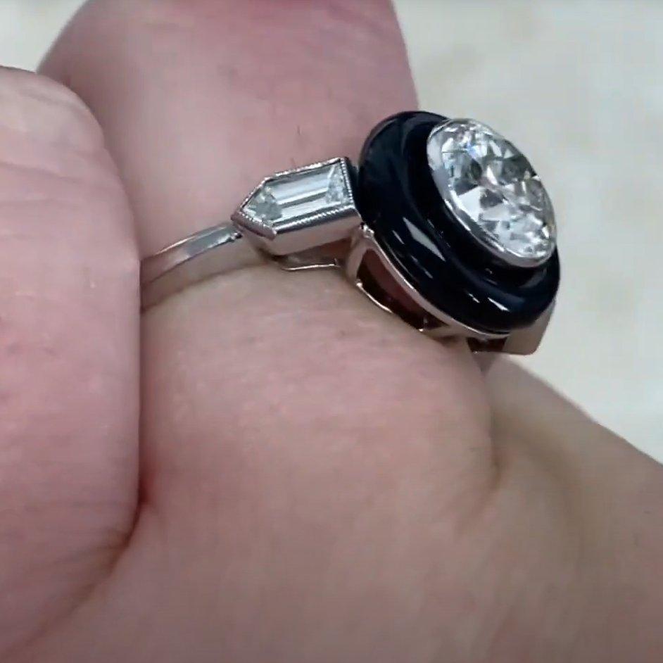 Old European Cut Diamond Ring (Approx. 1.20-Carats), Onyx Halo, Platinum In Excellent Condition For Sale In New York, NY