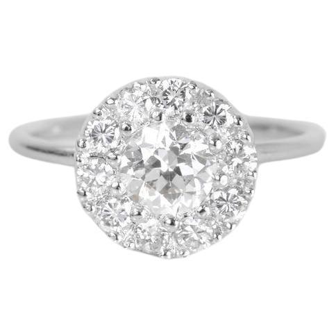 Old European Cut Diamond Ring with Diamond Scalloped Halo For Sale