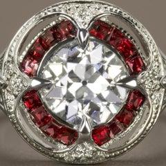 Old European Cut Diamond Ruby Halo Art Deco Style Ring