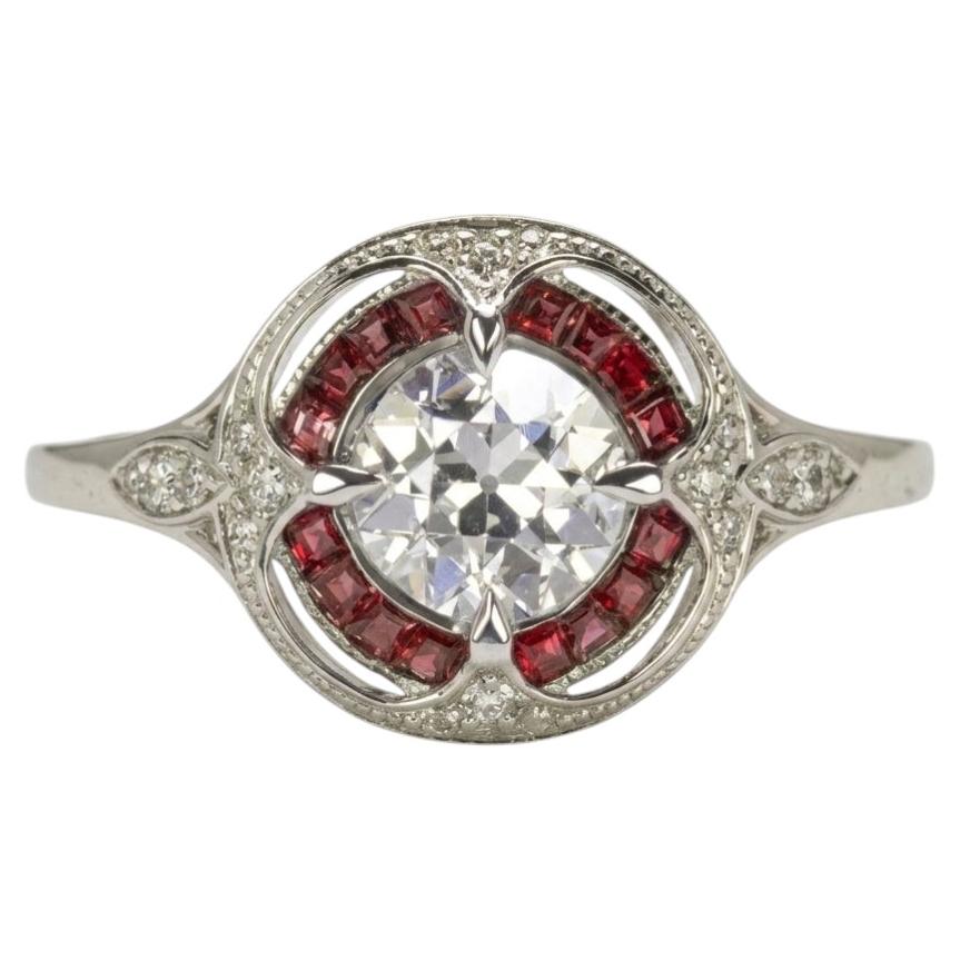 Old European Cut Diamond Ruby Halo Art Deco Style Ring