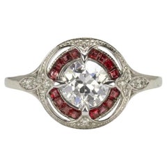 Old European Cut Diamond Ruby Halo Art Deco Style Ring