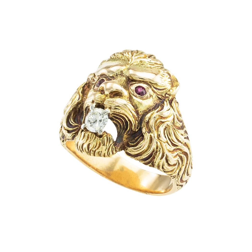 Artisan Old European Cut Diamond Ruby Lion Head Yellow Gold Ring