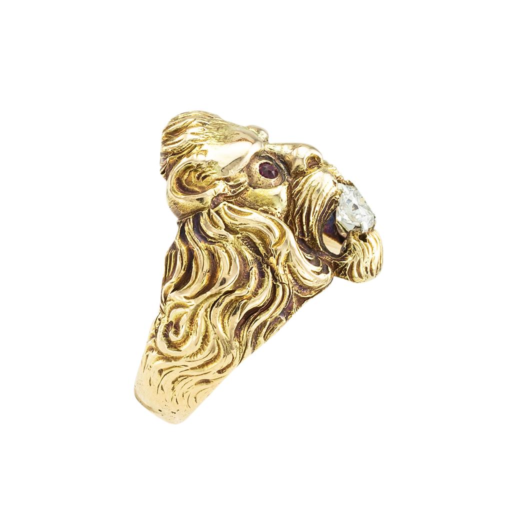 Old European Cut Diamond Ruby Lion Head Yellow Gold Ring In Good Condition In Los Angeles, CA