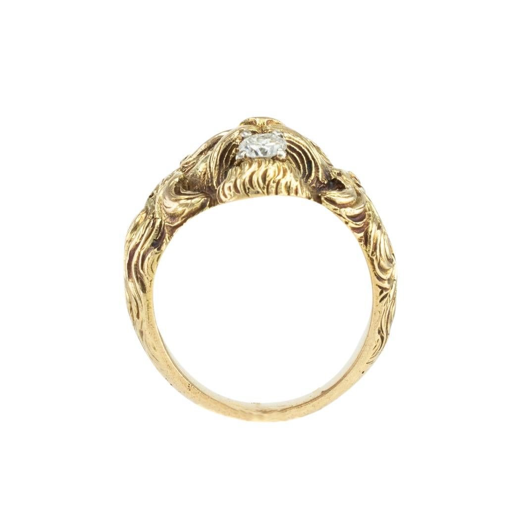 Women's or Men's Old European Cut Diamond Ruby Lion Head Yellow Gold Ring