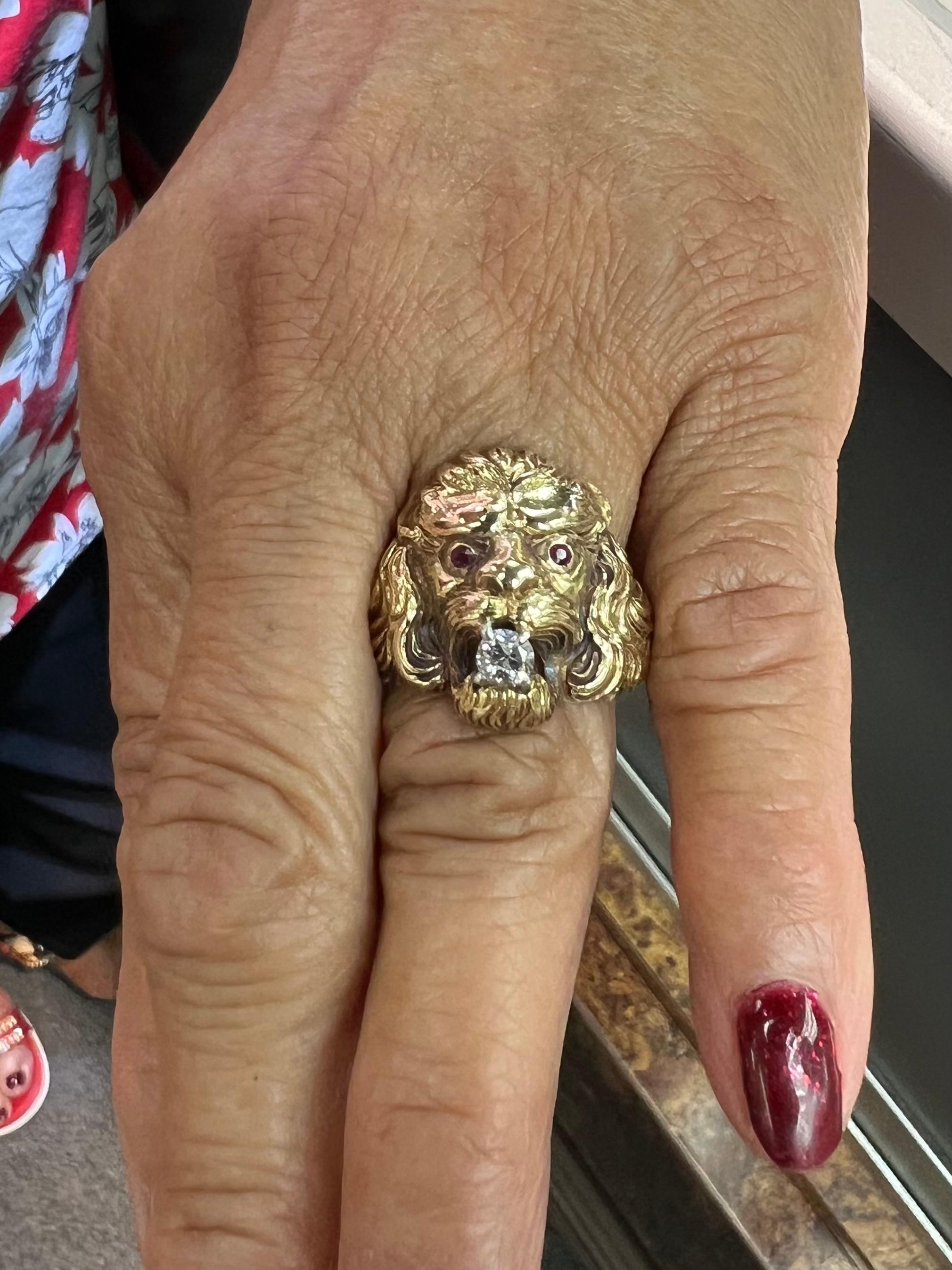 Old European Cut Diamond Ruby Lion Head Yellow Gold Ring 1
