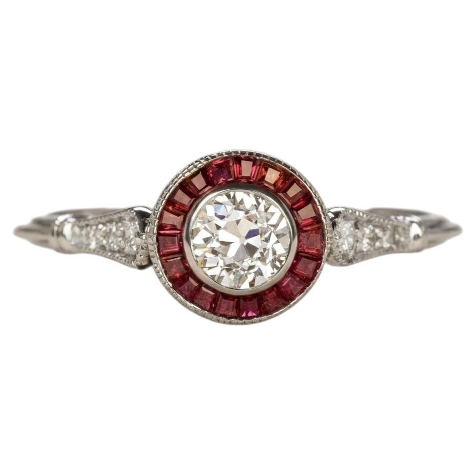 Anillo de estilo Art Déco con diamante de talla europea antigua y rubí