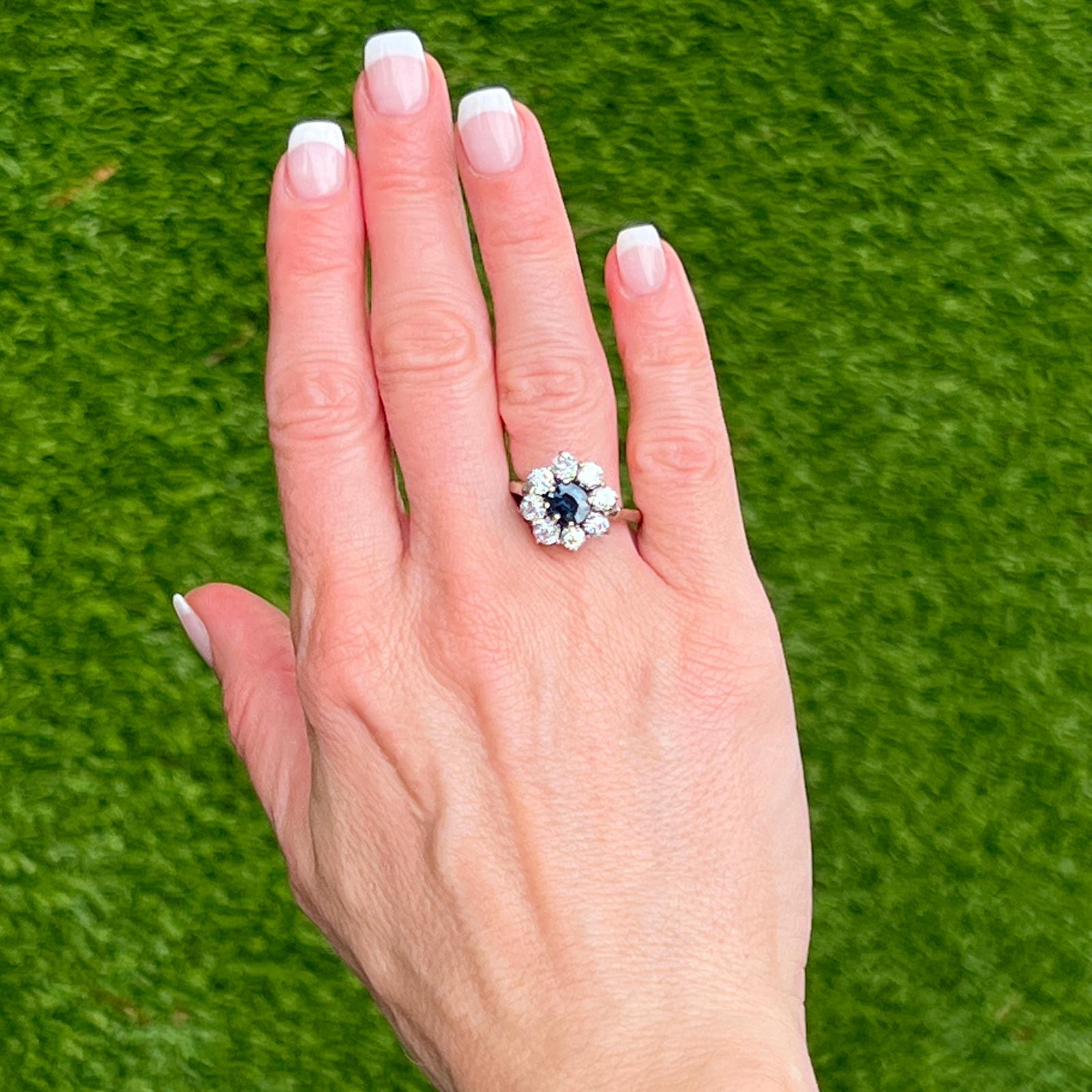 Art Deco Old European Cut Diamond Sapphire 14 Karat White Gold Cocktail Ring Fingermate For Sale