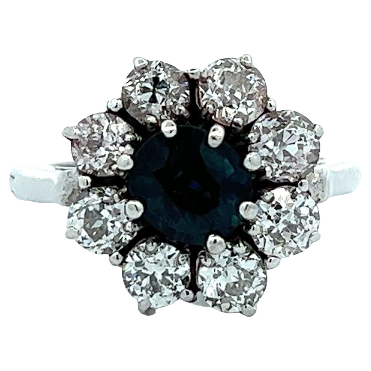 Old European Cut Diamond Sapphire 14 Karat White Gold Cocktail Ring Fingermate For Sale