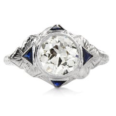 Old European Cut Diamond Sapphire 20K White Gold Engagement Ring