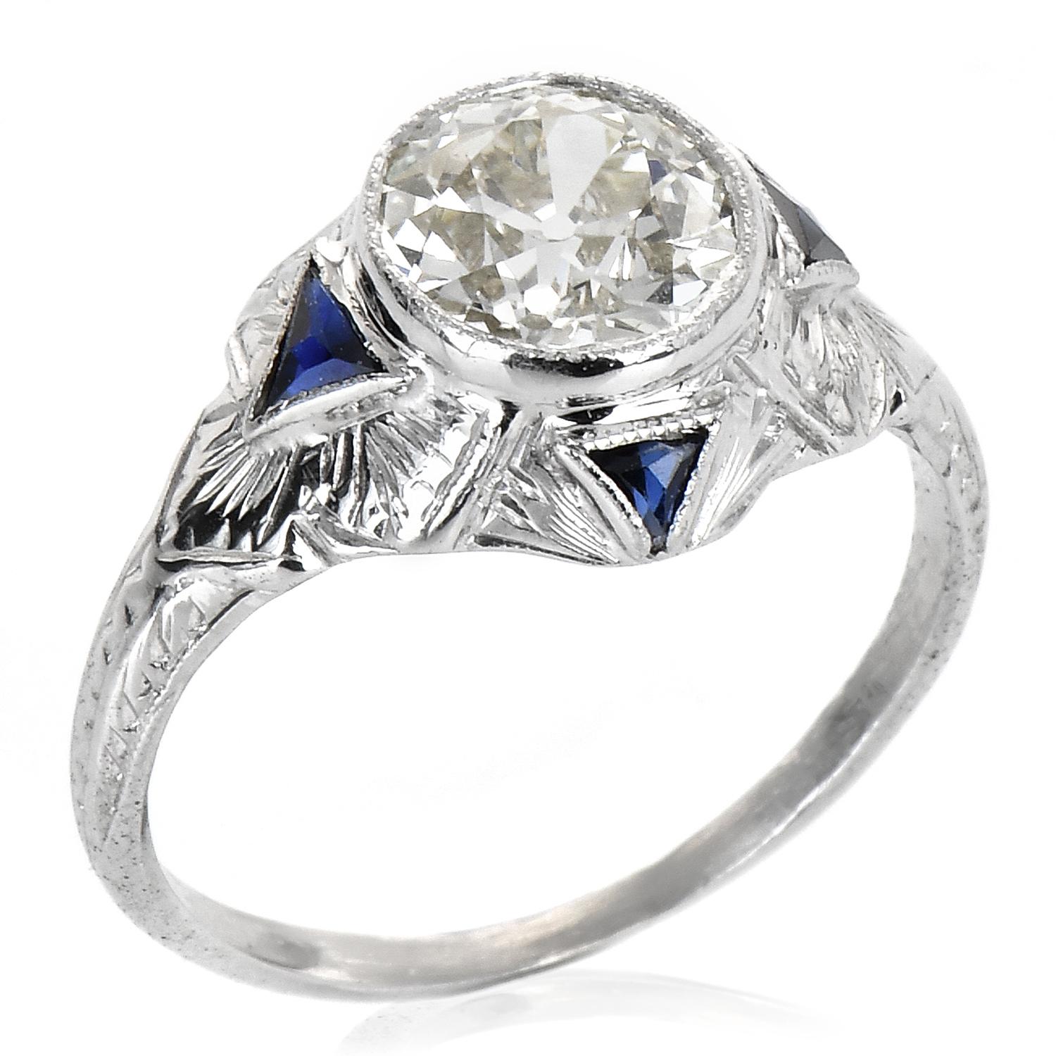 Old European Cut Diamond Sapphire 20K White Gold Engagement Ring at